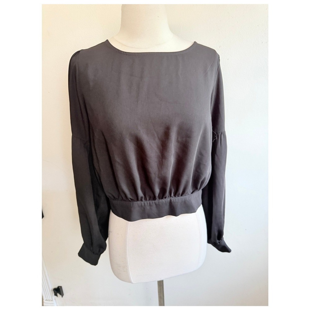 Forever 21 Black Open‎ Tie Back Puff Sleeve Crop Top Blouse Medium